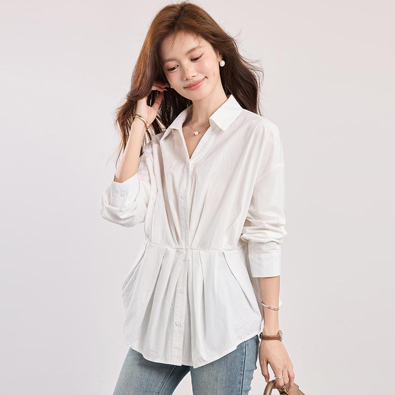 Women's French Style Slimming White Polo Neck Long Sleeve Shirt - 2026 Early Spring Collection