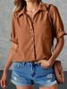 Women's Puff Short Sleeve Button Down Shirt Collared V Neck Linen Work Blouse