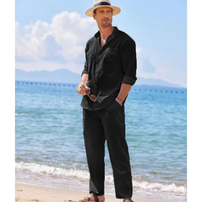 Мужской костюм, повседневный льняной комплект из двух предметов, рубашка с длинными рукавами и длинные брюки, мужской пляжный спортивный костюм