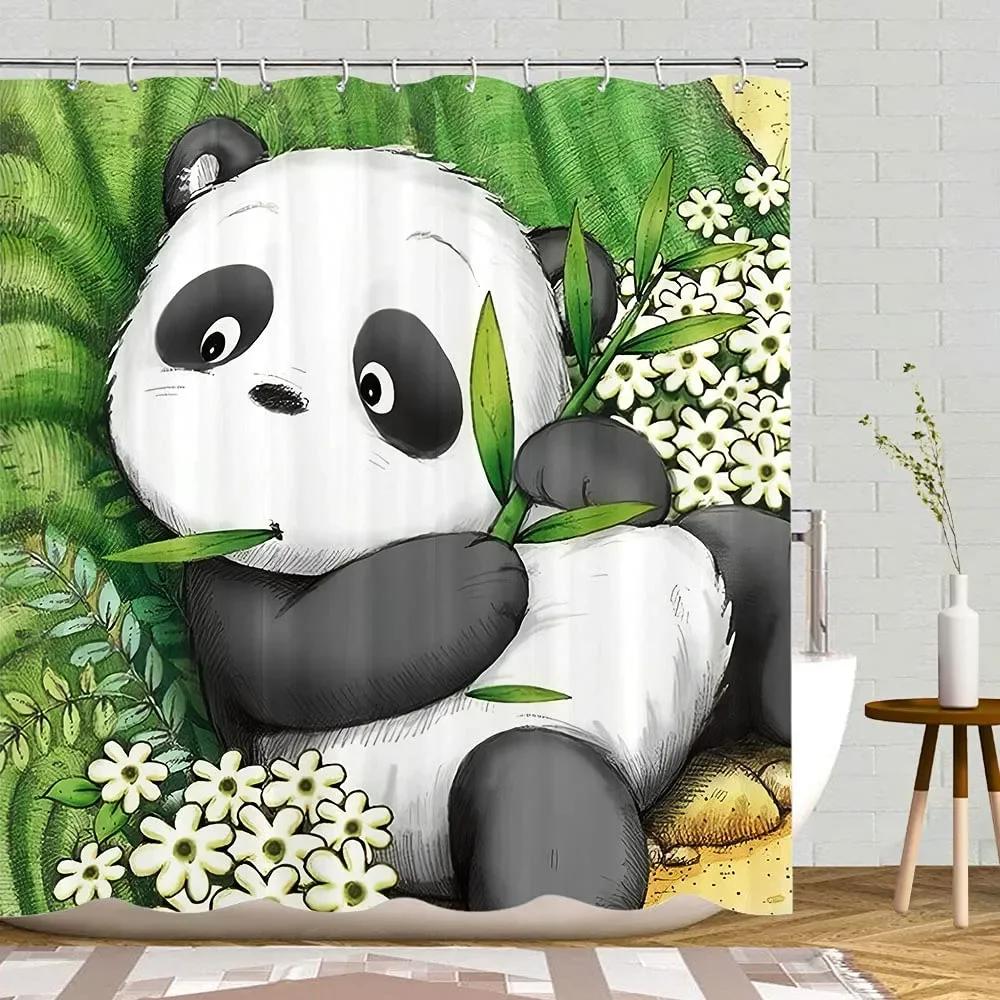Занавеска для душа Panda Bamboo, Мультяшная Смешная Милая Голубое Небо Радуга Дети Бамбуковый Лес Животные Птицы, Декоративные Ткани для Ванной