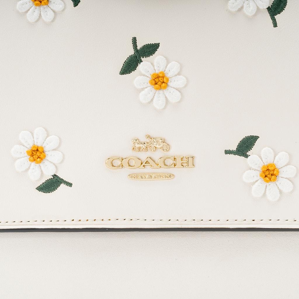 Coach Klare 21 Floral Flap Chain Daisy Embroidery Leather Accordion Shoulder Bag Women Shoulder Bag White C2858-IMCAH
