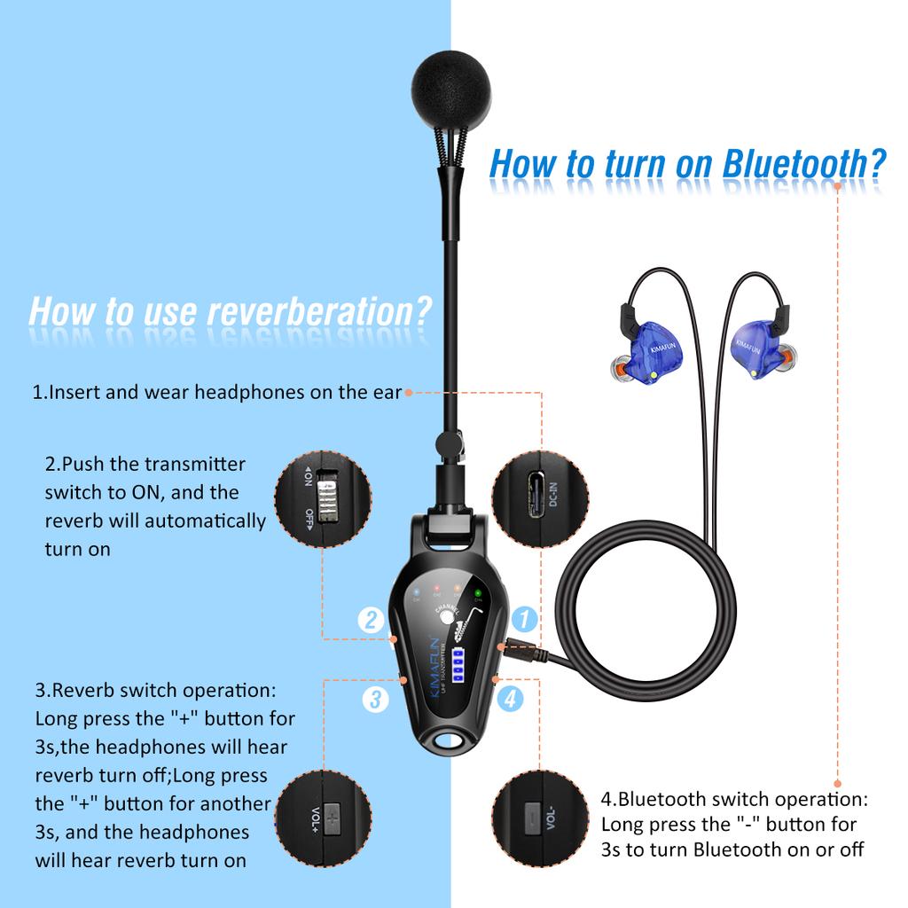 KIMAFUN Clip-On UHF Wireless Saxophone Microphone,with Reverb and Bluetooth Monitoring for Musicians,Audio Mixers,Speakers,PA