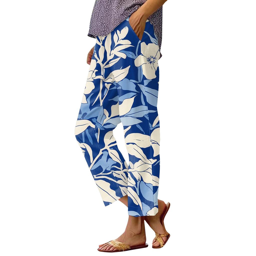 Women's Fashionable Floral Print Straight Leg Pocket Elastic Waist Casual Pants Pants