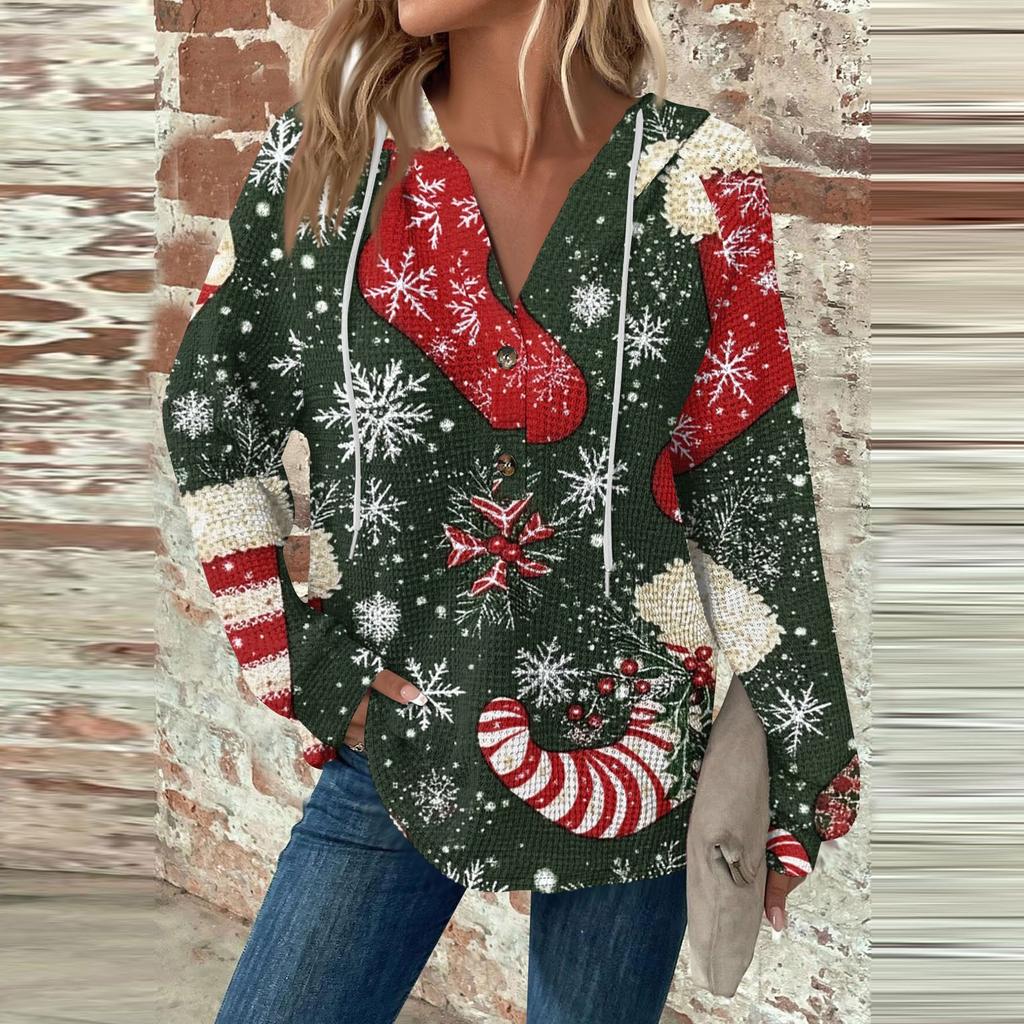 Женский повседневный топ с длинными рукавами, пуговицами, V-образным вырезом, рождественским принтом, завязками и капюшоном
