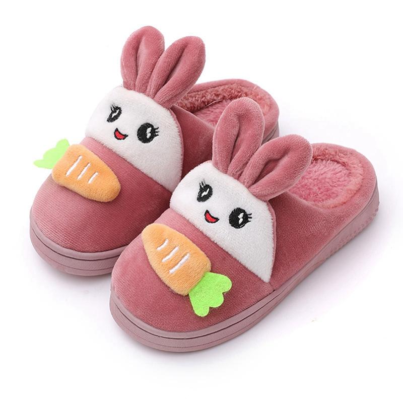 Children's Plush Slippers Boys Girls Cute Cartoon Rabbit Carrots Shoes Warm Kids Home Footwear