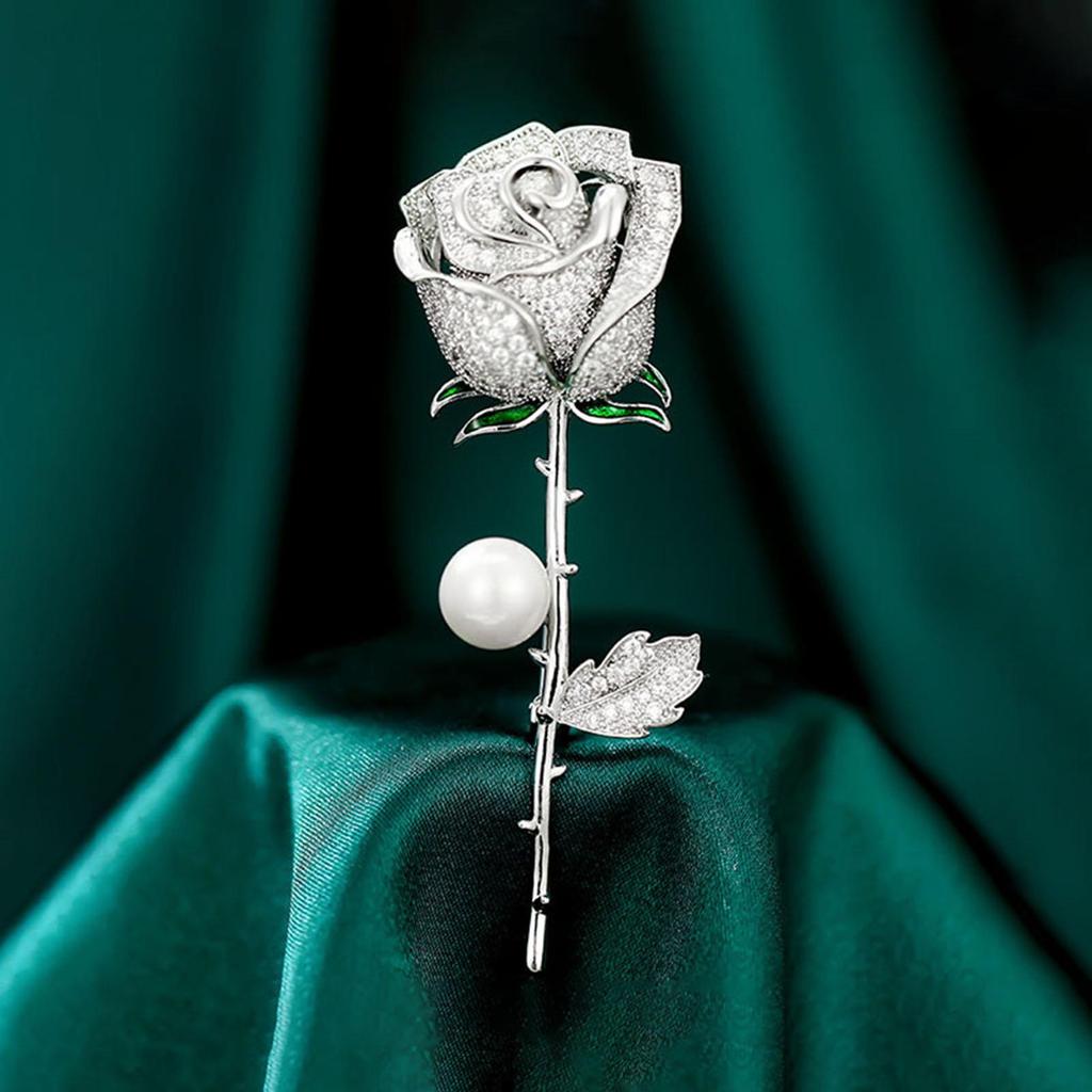 Elegant Rose Flower Shape Brooch Rhinestones Inlaid Faux Pearl Pin Bouquet Suit Lapel Badge Women Wedding Coat Accessories