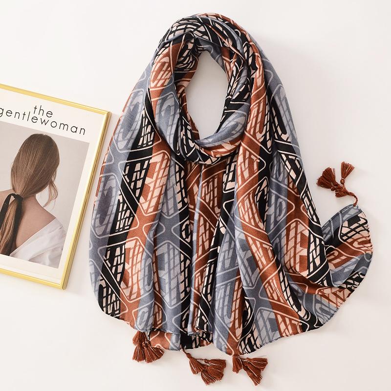 Beige Coffee Scarf Luxury Thin Womens Scarves Spring Floral Hijab Veils Soft Cotton Shawl Wrap Tassel Viscose Muslim Woman Hijab