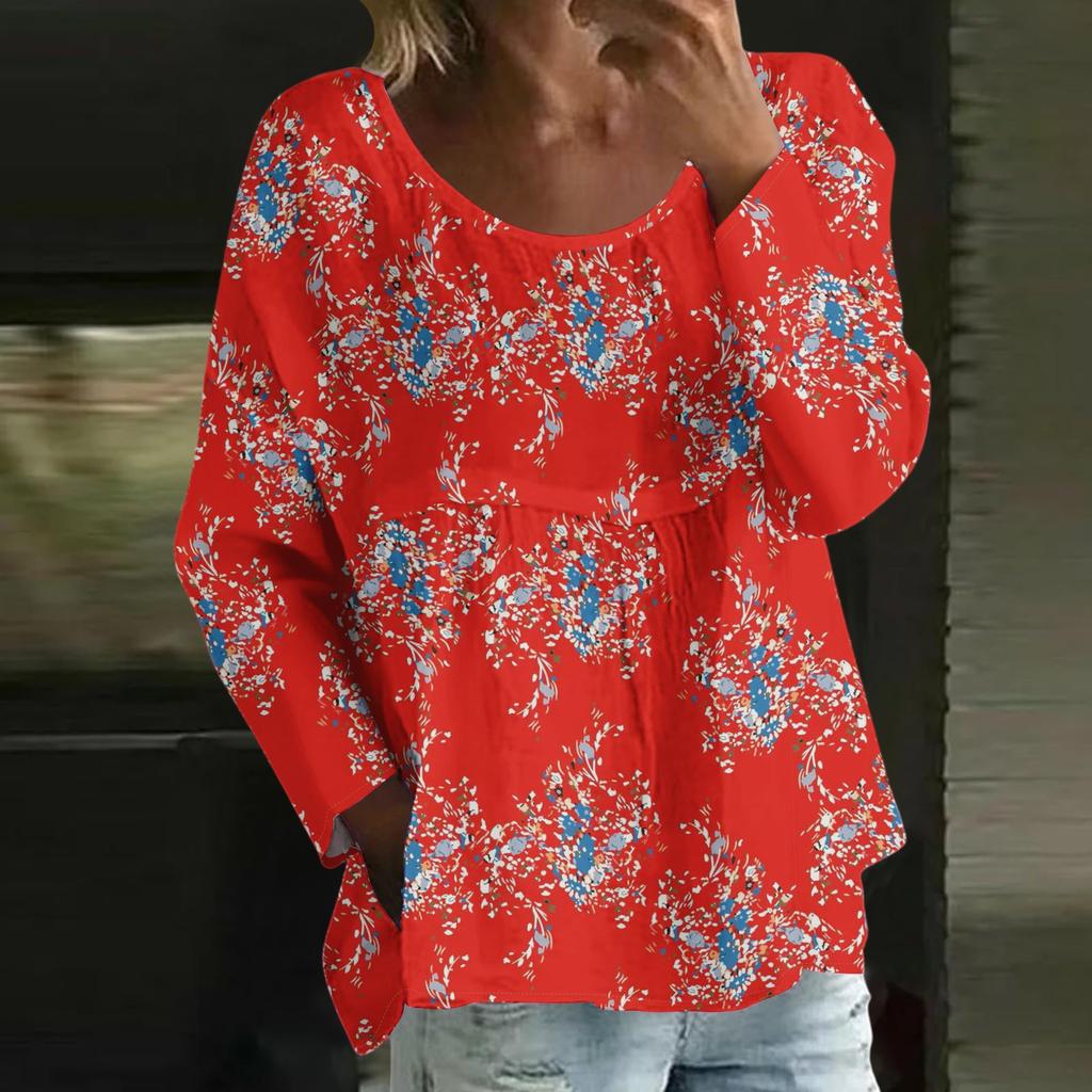 Женский повседневный модный свободный топ с круглым вырезом и цветочным принтом, с длинным рукавом