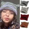 Hat Soft Striped Beanie with Cat Ear Women Contrast Cute Devil Horns Hat Girls Handmade Crochet Winter Warm Ski Cap For Halloween Gift