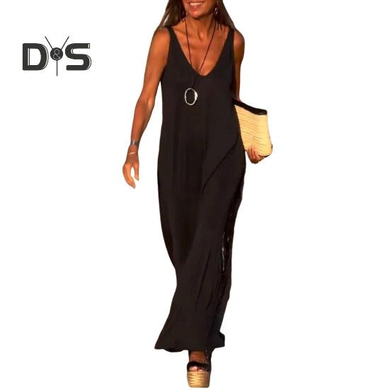 Женское летнее платье-комбинация без рукавов, повседневное платье макси с V-образным вырезом и разрезом, свободный пляжный сарафан, наряд для путешествий и отпуска