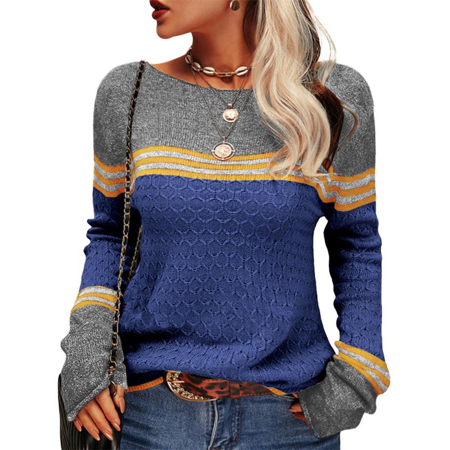 Herfst En Winter Vrouwen Crochet Temperament Commuter Tops Lange Mouwen Knit Stripe Colorblocking Ronde Hals Sweater