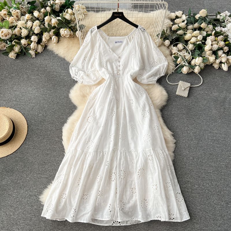 Retro Lantern Sleeve Heavy Industry Ruffles Dress Embroider