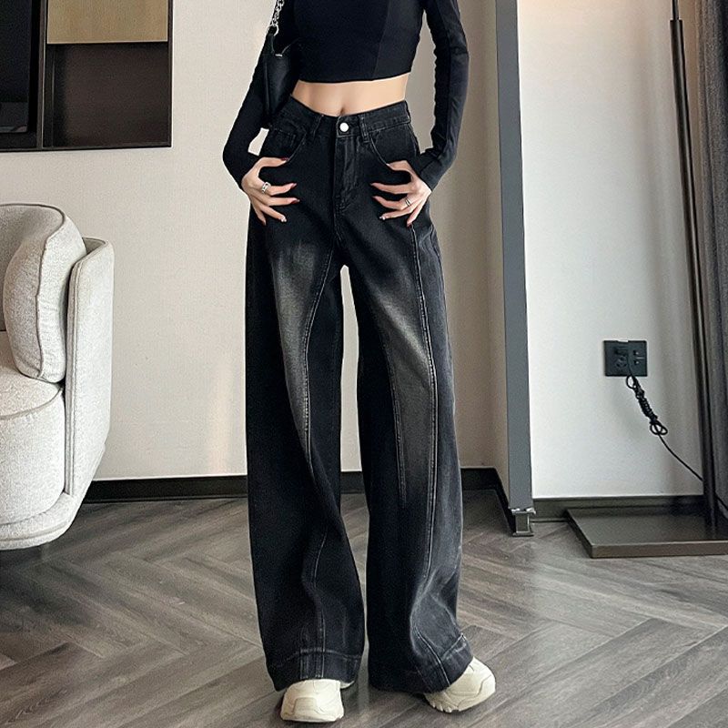 Дизайнерские джинсы для женщин, движущиеся по полу, новые брюки большого размера с высокой талией, свободные прямые брюки с широкими штанинами