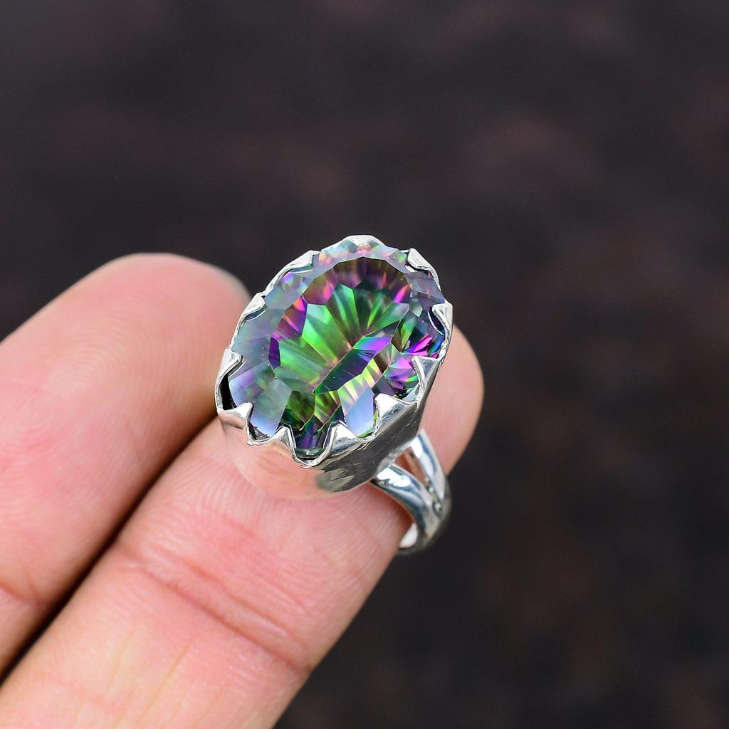 Кольцо с радужным мистическим топазом, кольцо из настоящего драгоценного камня, кольцо из стерлингового серебра 925 пробы, регулируемое кольцо, ювелирные изделия в этническом стиле, кольцо ручной работы, подарок для матери