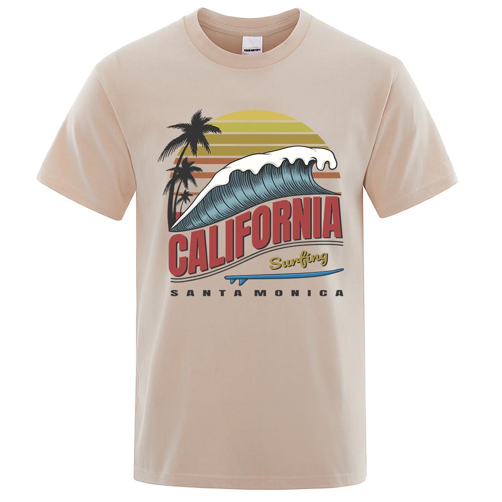 California Surfing Santa Monica Beach Printed Clothes Men Breathable Oversize T-Shirt Summer Cotton Tee Clothes Crewneck T-Shirt