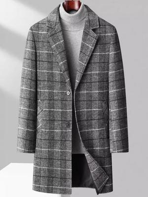 Мужское шерстяное клетчатое пальто средней длины для осени/зимы - Business Casual, с добавлением хлопка, уплотненное.