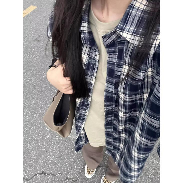 American Style Versatile Hong Kong Style Loose Long Sleeve Shirt Coat Plaid Shirt Women's Spring and Summer Retro Thin Sun-Protection Shirt Top