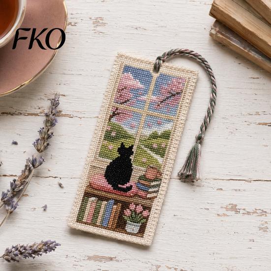 Закладка с деликатной вышивкой DIY Набор для вышивания для взрослых и начинающих, Сезонный кот Ретро Ручной набор для вышивки, Подарки для влюбленных, Читателей Мастерство