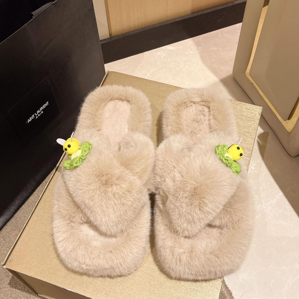 Женские домашние повседневные пушистые тапочки Little Bee для дома, женские шлепанцы, пушистая обувь, перекрестные слайдеры, женские мягкие плюшевые тапочки 2024