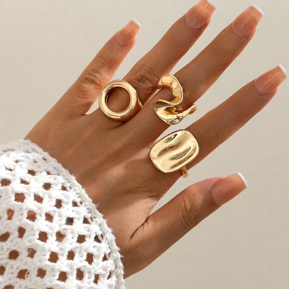 3pcs/set Personality Irregular Open Ring Retro Knuckle Joint Ring Unique Hollow Square Ring Women