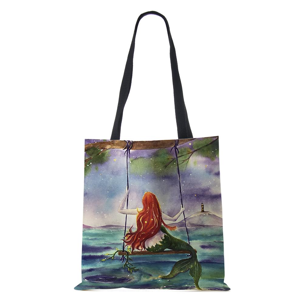 Сумка на плечо с изображением Русалки и пейзажем, 2022, женская многоразовая холщовая сумка-тоут Harajuku, повседневная складная сумка для покупок для покупок