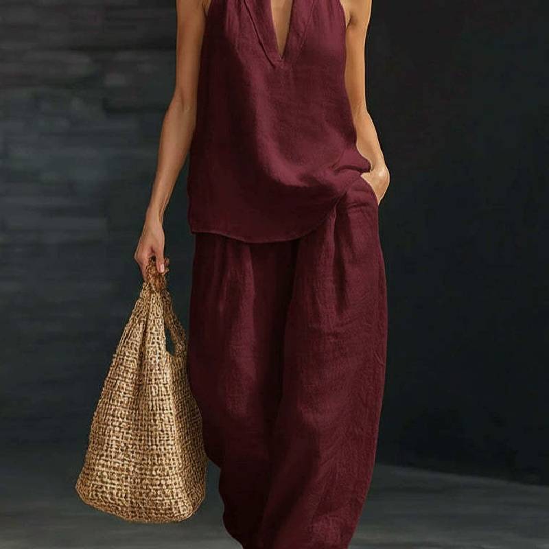 Cotton Linen Blend Sleeveless Pantsuit With Patching For Casual Women Spring Summer