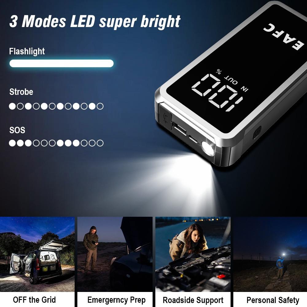 EAFC Портативный пуско-зарядное устройство для автомобиля 4000А Пик 12В, Power Bank, Инструмент для аварийного запуска автомобиля, для бензиновых двигателей до 10.0 л / дизельных до 6.0 л с умными зажимами