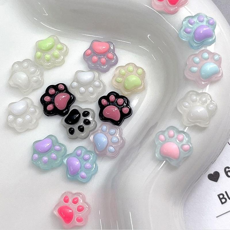 20Pcs 3D Luminous Cat Paw Nail Charm Resin Cartoon Transflective Manicure Ornaments Mini 3D Nail Art Decoration