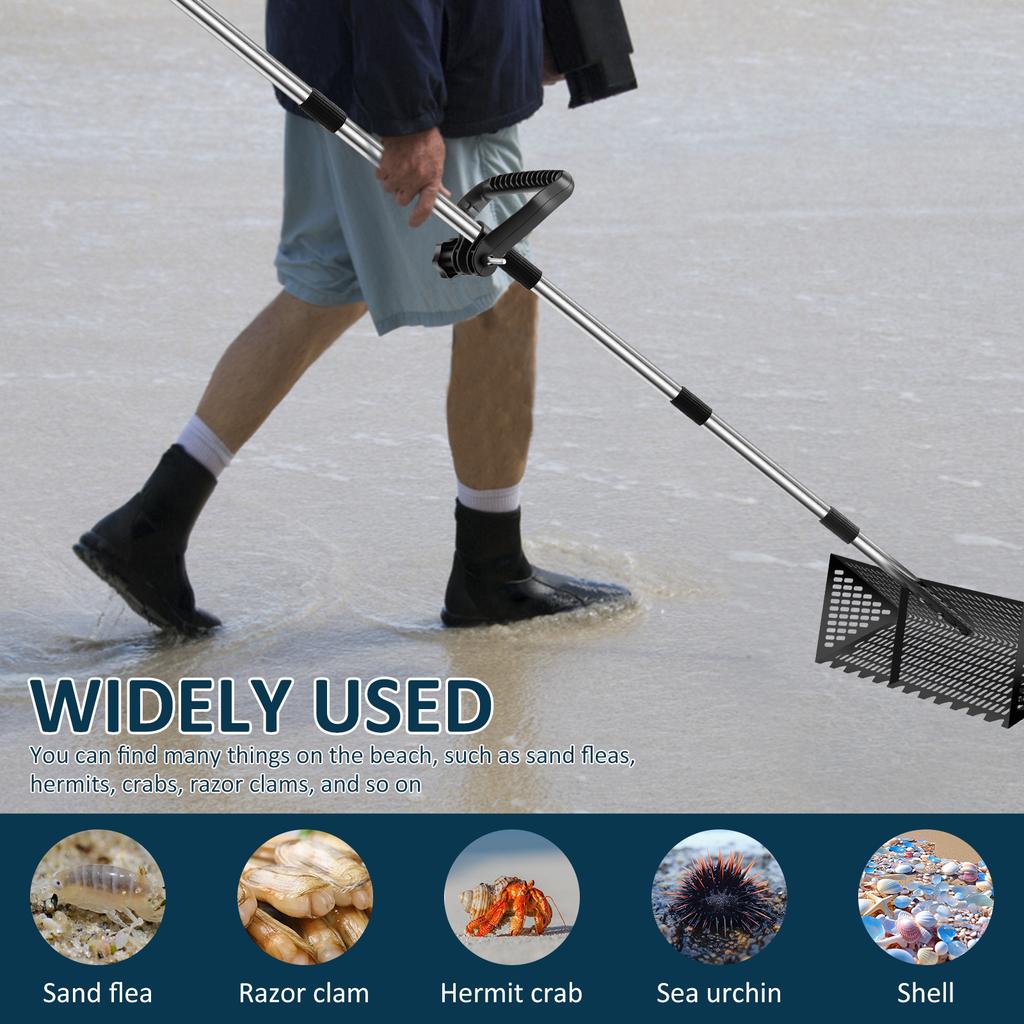 Песчаные блохи Грабли Нержавеющая сталь Песочный просеиватель Съемная длинная ручка 52/68 дюймов Складной просеиватель с зубами акулы для пляжного песка Краб