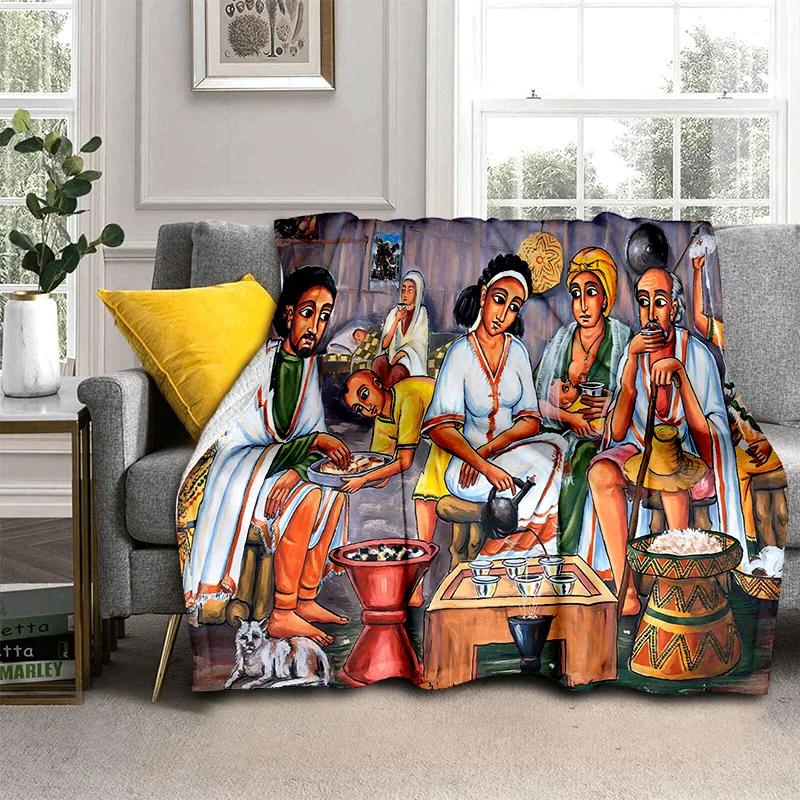 Cartoon Africa Ethiopian Painting Art Soft Flannel Blanket for Bed Bedroom Sofa Picnic,Throw Blanket for Outdoors Leisure