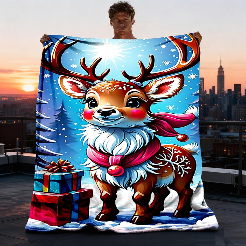 1pc Reindeer Gifts Throw Blanket Polyester Fiber, Lightweight Flannel, Soft & Warm, All Season Use for Outdoor, Camping Digital Print
