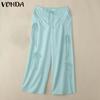 VONDA Women Summer Elastic Waist Drawstring Tie Solid Color Pants