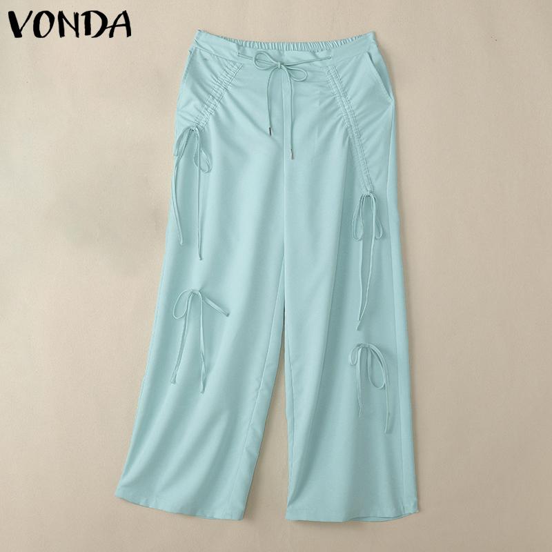VONDA Women Summer Elastic Waist Drawstring Tie Solid Color Pants