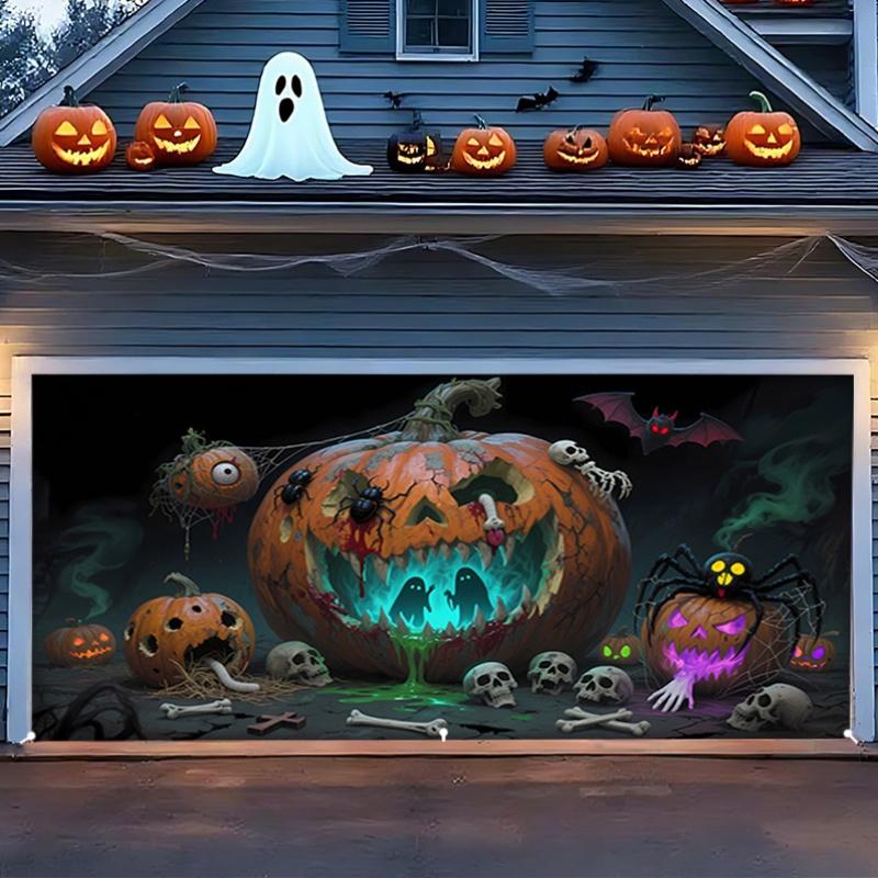 Halloween Horror Pumpkin Ghost Background - Weird Party Decorated with Jack - Outdoor Garage Doors Autumn Events and Family