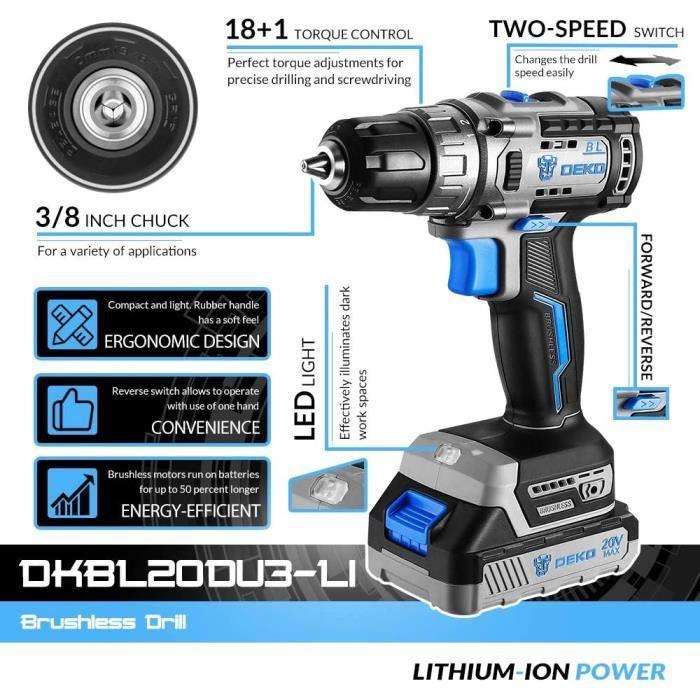 Perceuse-visseuse sans balais - DEKO - 20V - Mandrin sans clé - Couple 371 in-lbs - Vitesse variable 2