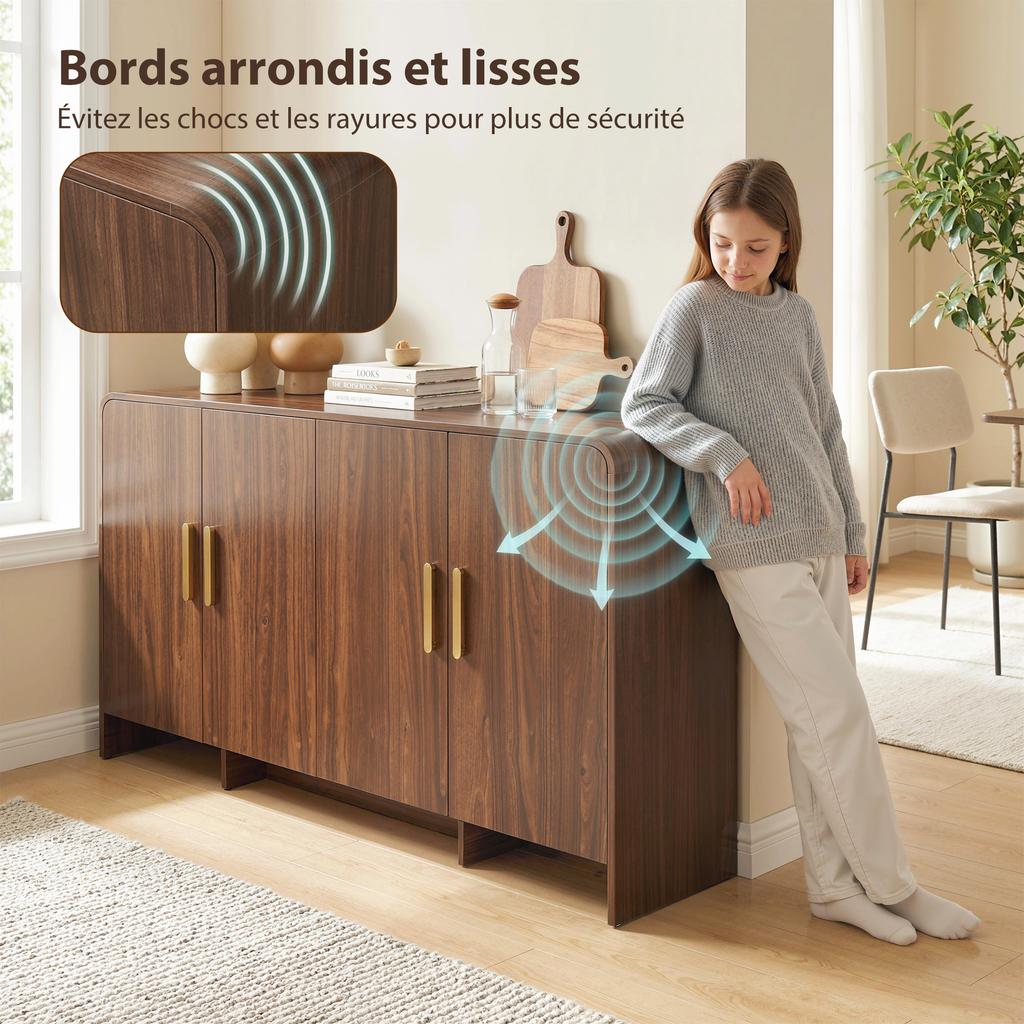 Buffet Cuisine Storage Cabinet With 4 Soft Close Doors 4 Compartments And Rounded Edges 152x40x80cm Walnut