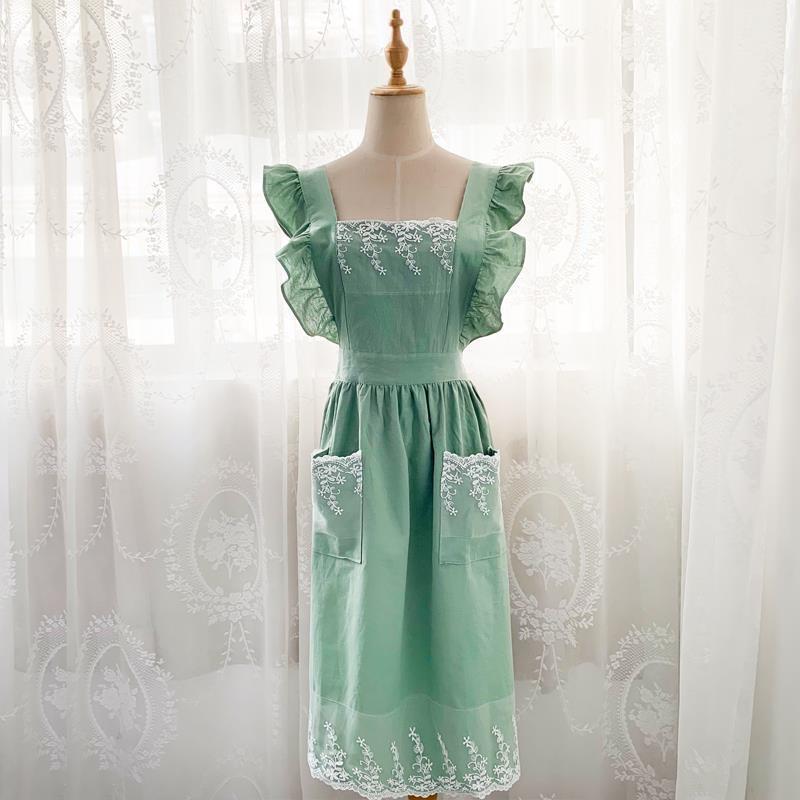Washed Cotton Linen Lace Kitchen Aprons Flower Shop Garden Ruffles Work Clean Apron for Woman Dress