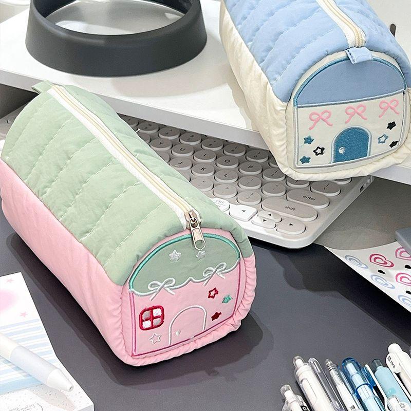 Розовый пенал в форме домика, симпатичная сумка для хранения пеналов, вместительная, дорогая синяя сумка для канцелярских принадлежностей