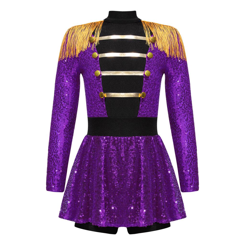 Girls Ringmaster Circus Costume Long Sleeve Tassel Epaulet Shiny Sequins Design Jumpsuit Dress