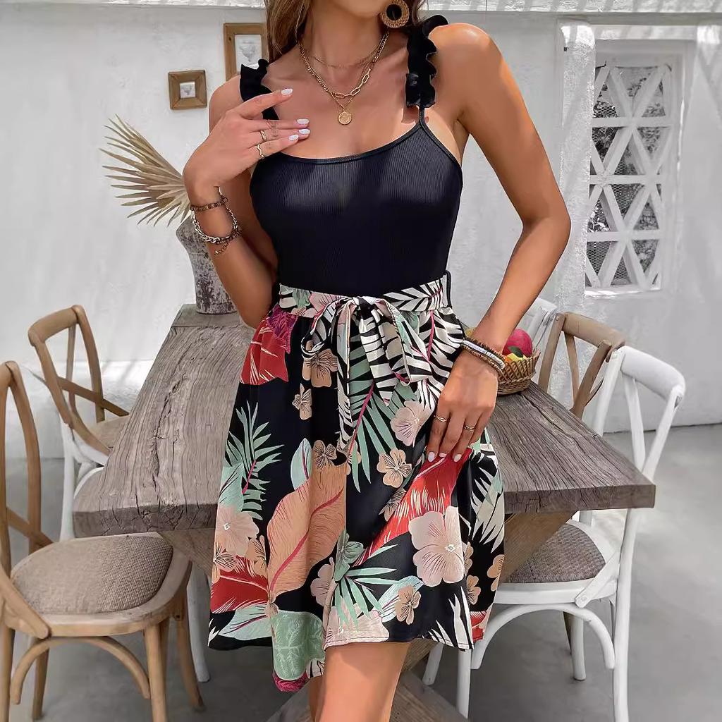 Женское летнее повседневное платье без рукавов с принтом в виде цветных листьев длиной до колена