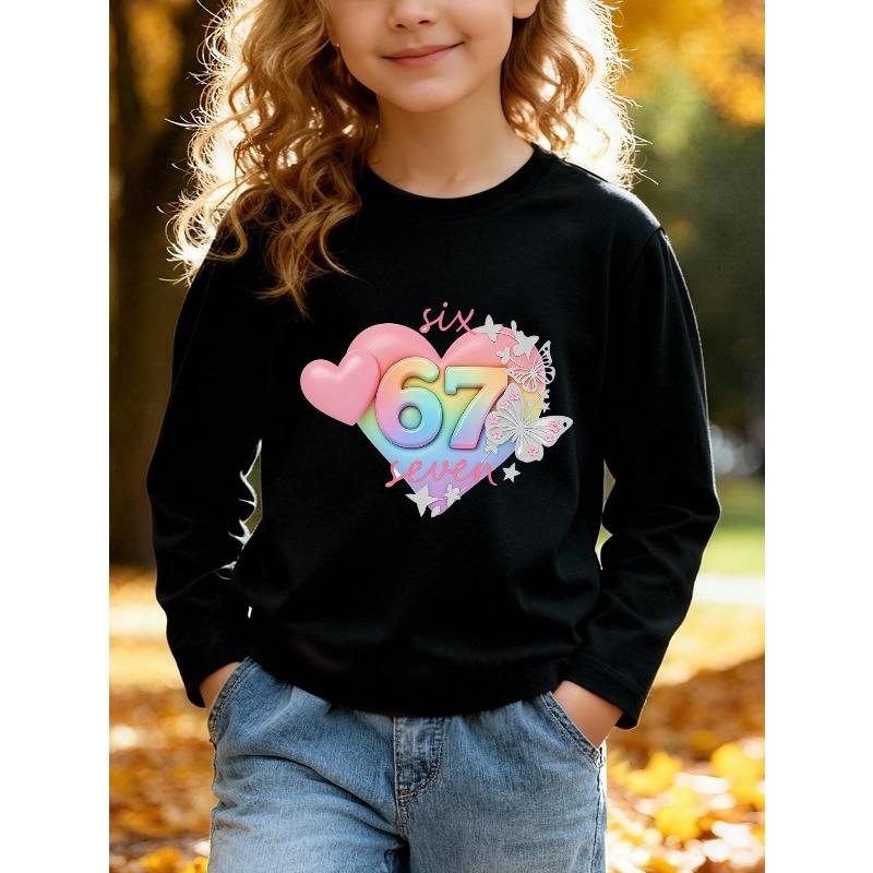 Kids Unisex Crewneck Sweatshirt, Rainbow Gradient Heart 67 Six Seven Butterfly Star Print Long Sleeve Pullover, Sweatshirts for Boys Girls Ages 4+