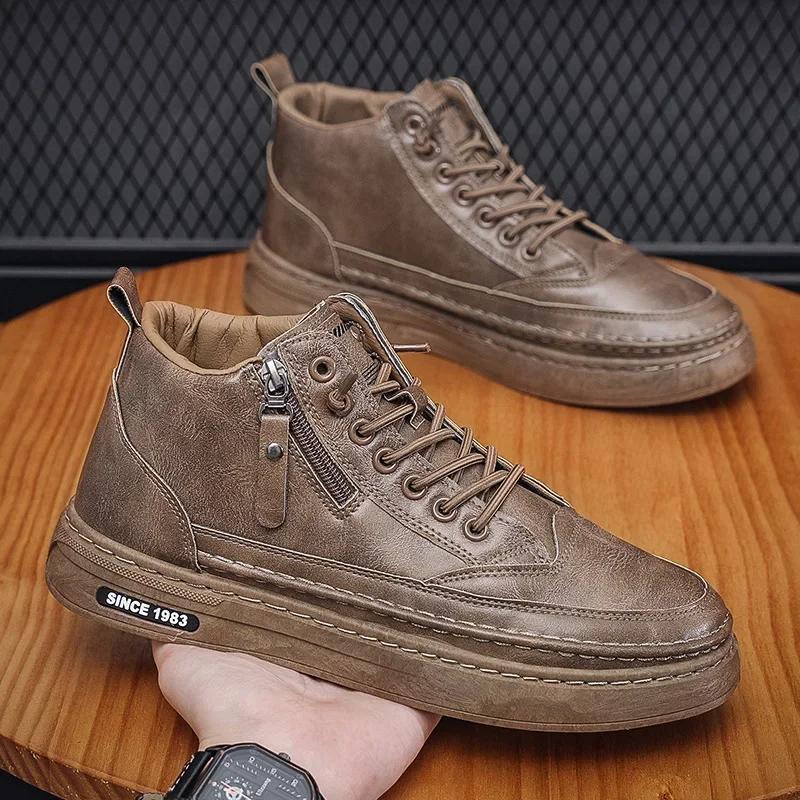 Fashion Men's Casual Boots New High-top Men's Boots Work Business  Side Zipper Men's Sneakers Leather  2024