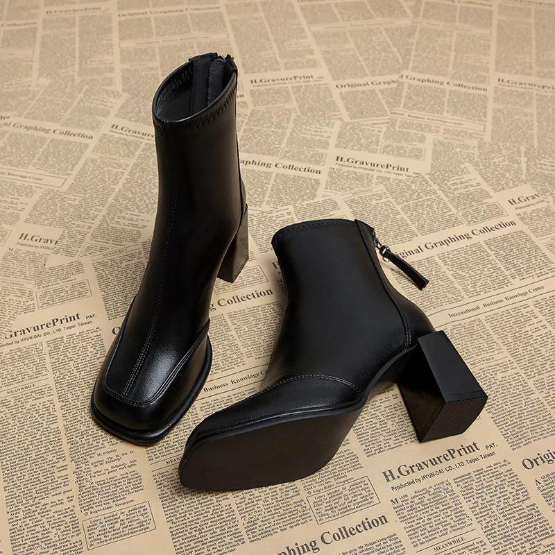 Модные рабочие женские ботильоны из кожи коричневого цвета на каблуке короткие туфли для женщин на очень высоком каблуке обувь ботильоны черного цвета