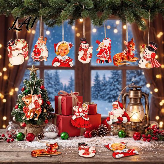 Santa Snowman Deer Ornaments 12Pcs/Set Poplar Wood Christmas Ornament Set with Hanging Lanyards Claus Retro Style Party Favors Decoration for Holiday