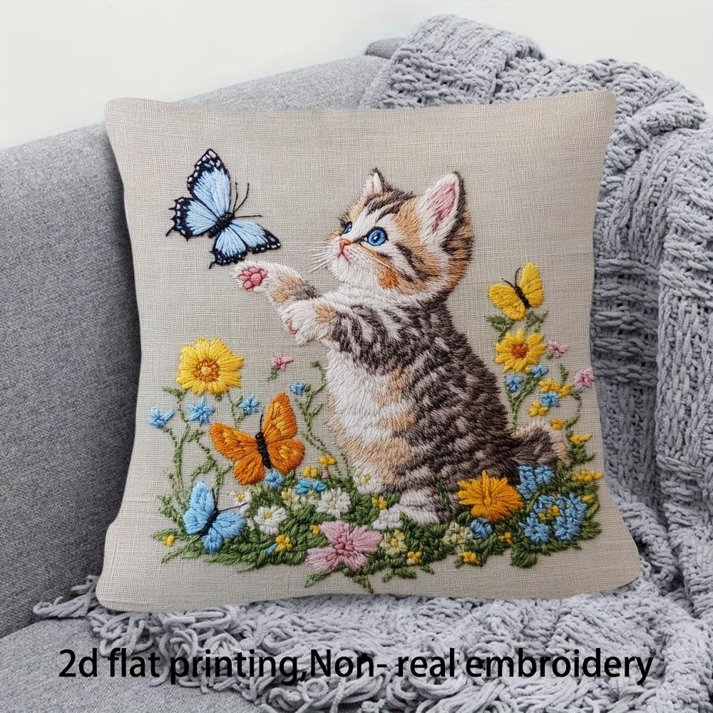 1pc Pillowcase, 2D Flat Printing, Single-Sided Print (No Pillow Insert), 17.72 X 17.72 Inches (45 X 45 Cm), Non-Real Embroidery, Kitten And Butterfly