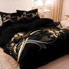 Modern Luxury Black And Golden Flower Print Bedding Set, Soft Comfortable Duvet Cover, For Bedroom, Guest Room
