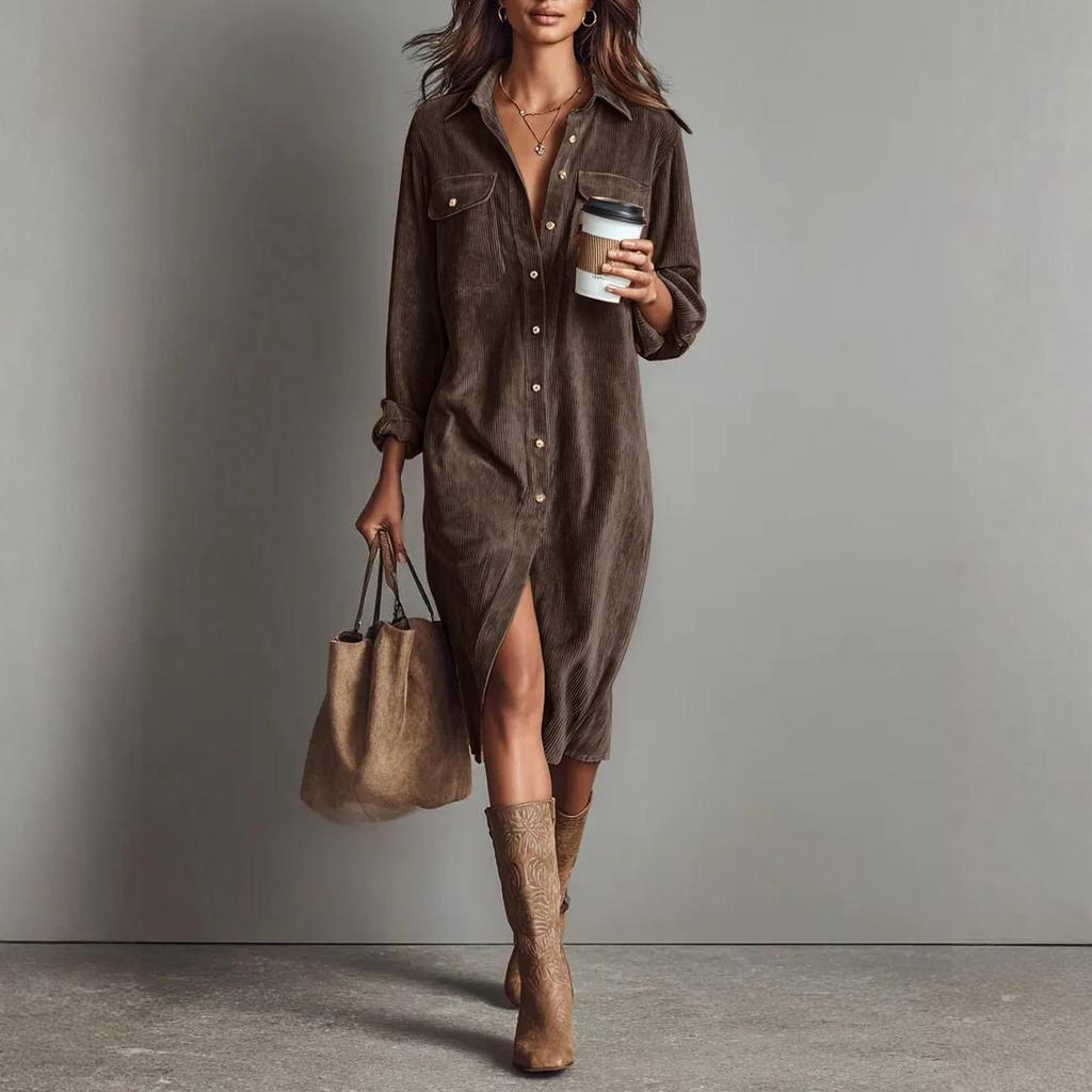 Женское модное повседневное однотонное вельветовое платье с рубашечным воротником, свободная длинная юбка