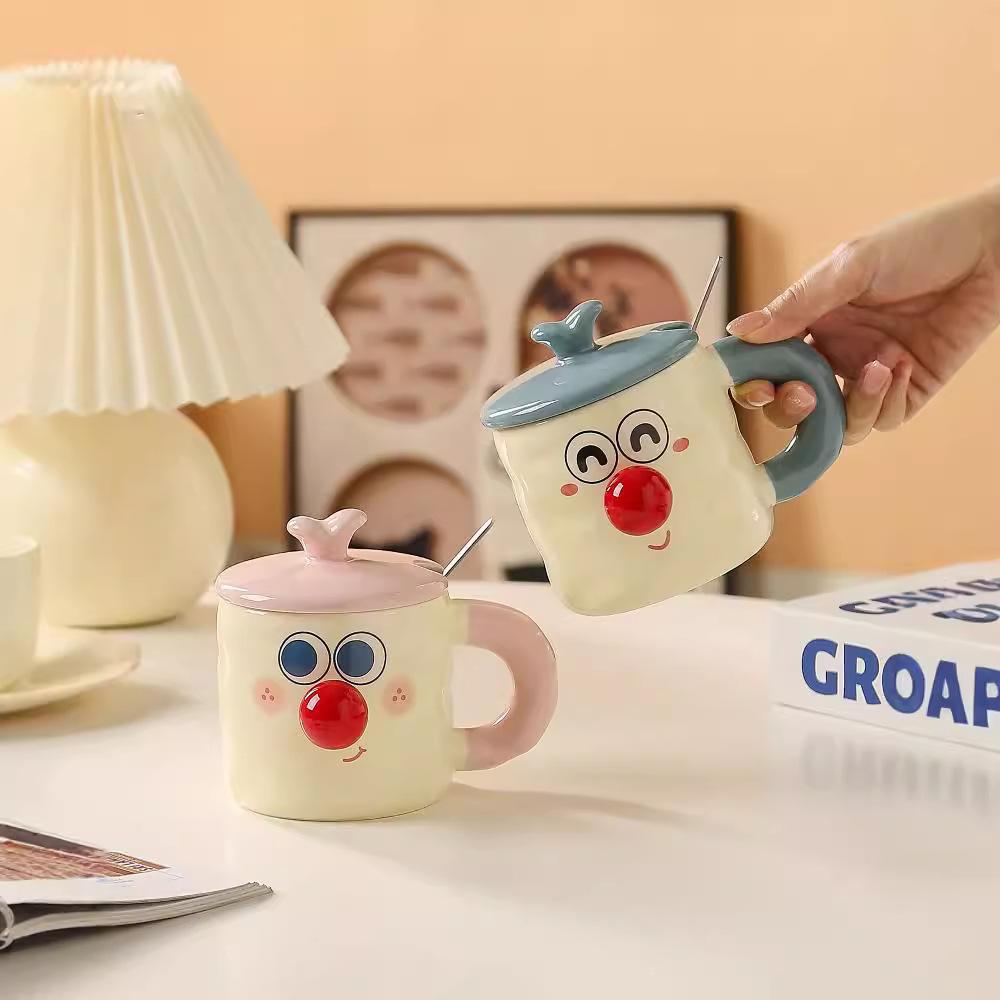 Cute Cartoon Ceramic Water Cups Couple Covered Mugs  Funny Expression Cups  Practical Gift Cups for Girls