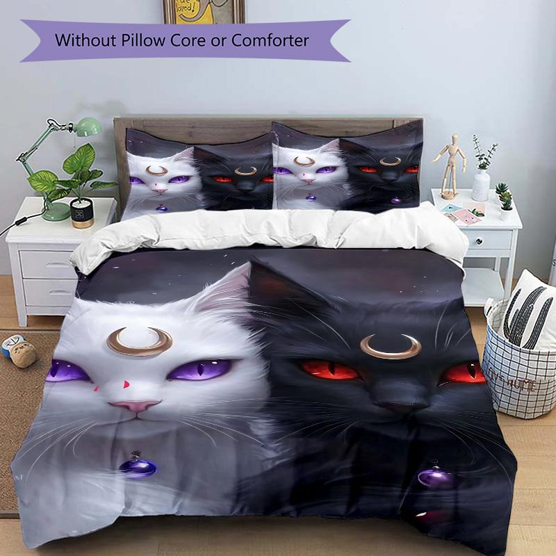 3pcs Crescent Moon Cats Duvet Cover Set - Machine Washable, Includes 1 Cover and 2 Pillowcases, No Core Included yy251013108