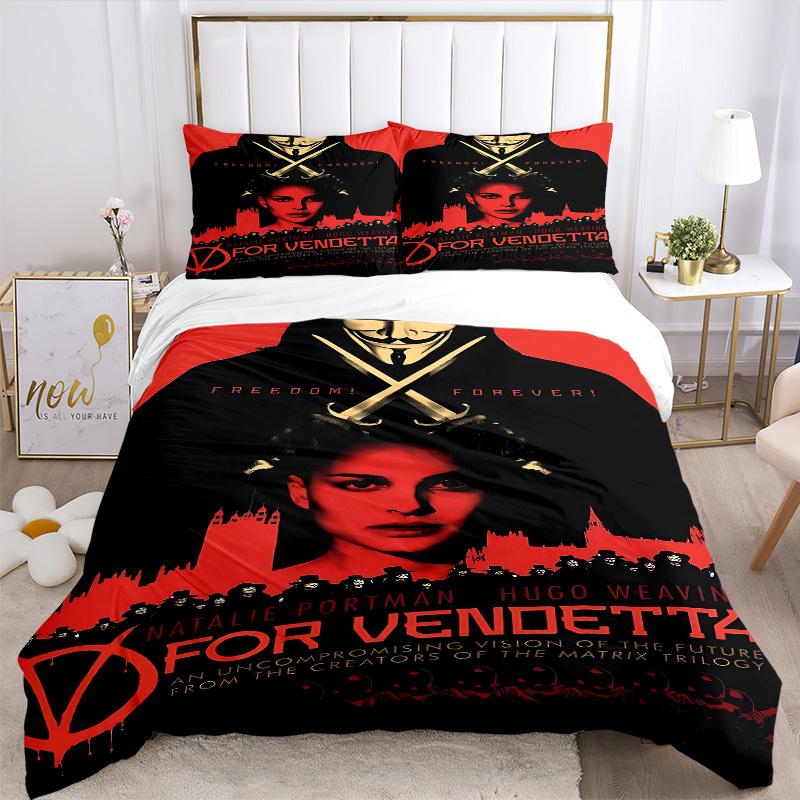 3pcs V for Vendetta Bedding Set, Soft Polyester Duvet Cover and Pillowcases Machine Washable Seasons all suitable & Guest Room Decor205